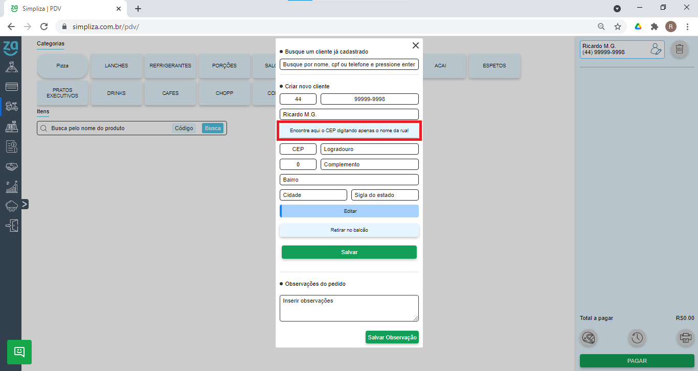 Tela do PDV do sistema para loja de açaí Simpliza em passo a passo para lançar pedido delivery no software