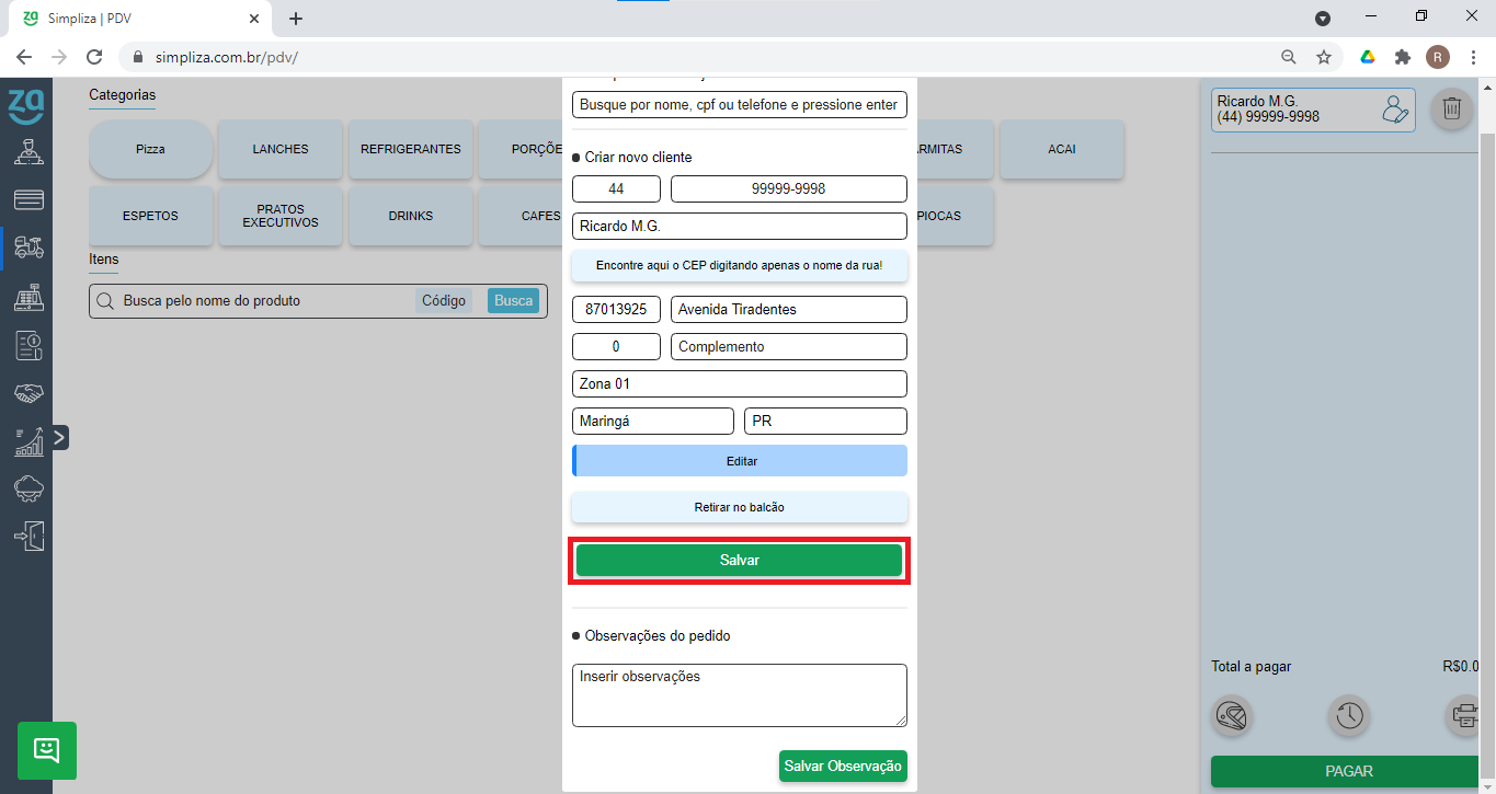 Tela do PDV do sistema para loja de açaí Simpliza em passo a passo para lançar pedido delivery no software