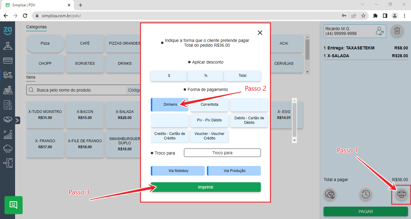 Tela do PDV do sistema para loja de açaí Simpliza em passo a passo para lançar pedido delivery no software